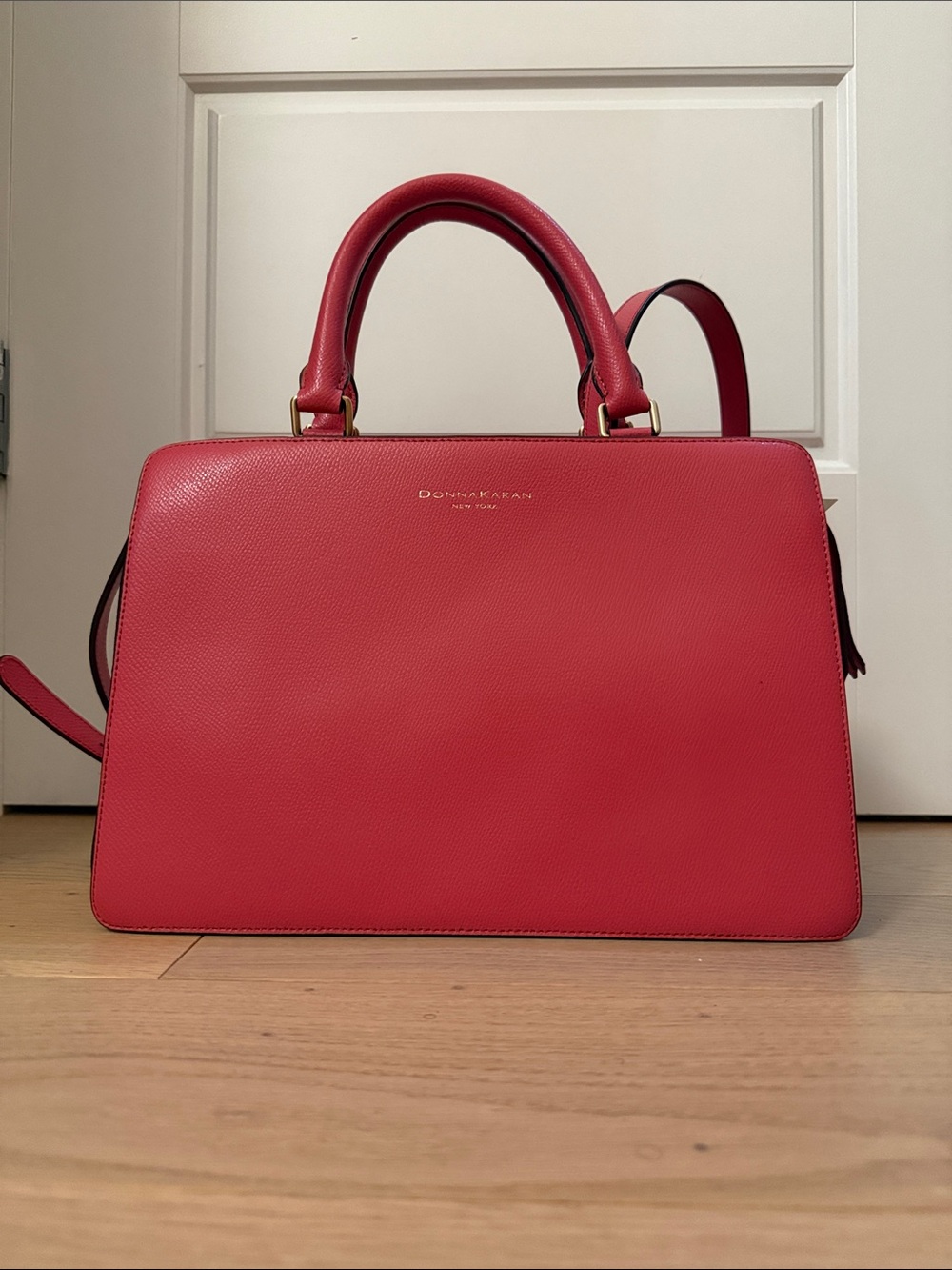 Donna Karan Red Leather Structured Top-Handle Satchel
